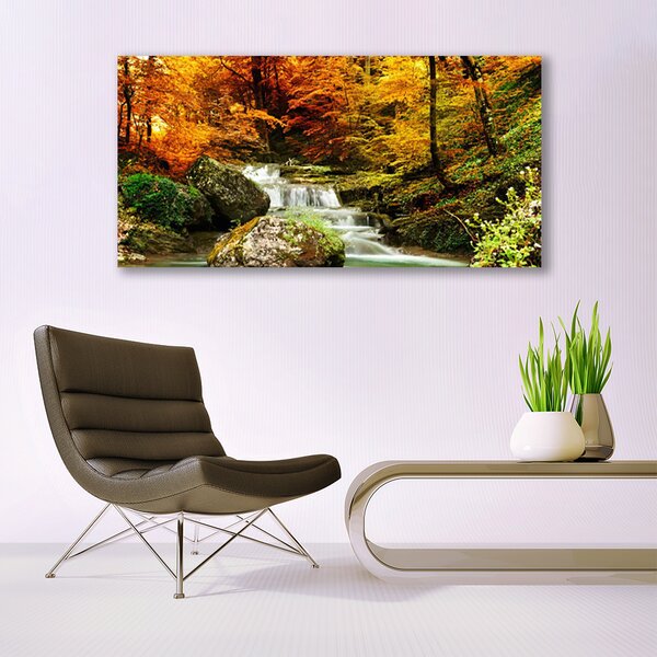 Tablou pe panza canvas Cascada Pădure Natura Alb Verde Galben Gri