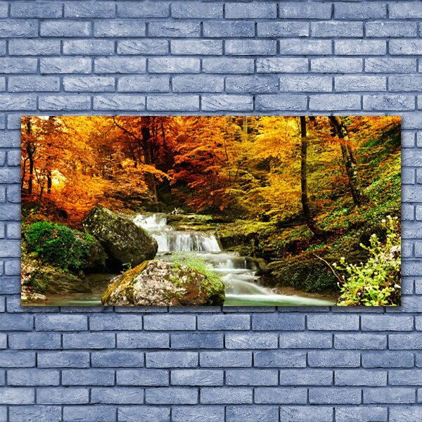 Tablou pe panza canvas Cascada Pădure Natura Alb Verde Galben Gri