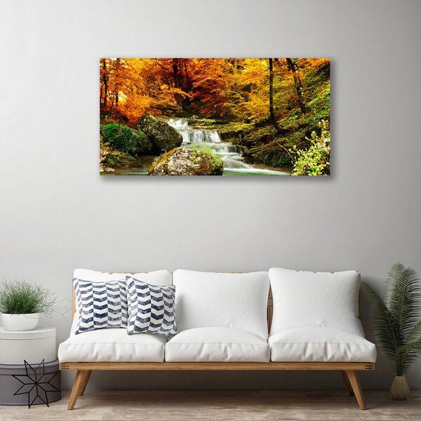 Tablou pe panza canvas Cascada Pădure Natura Alb Verde Galben Gri