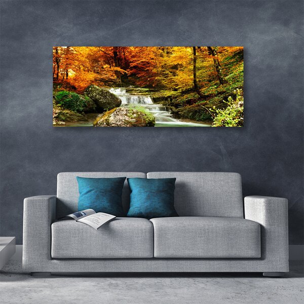 Tablou pe panza canvas Cascada Pădure Natura Alb Verde Galben Gri