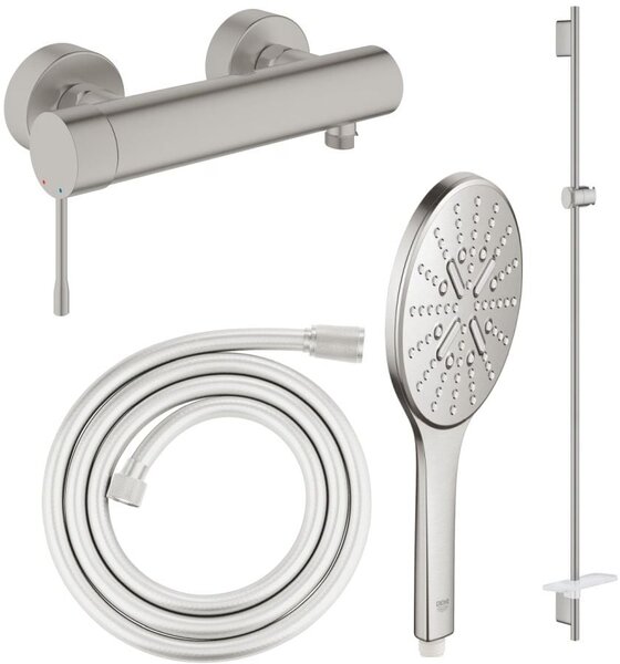 Set baterie de duș Grohe Essence 33636DC1, bară de duș Grohe Rainshower 26603DC0, 26574DC0, 28388DC1