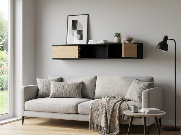 Polita de perete cu dulapuri LANZZI 120 cm, negru/stejar