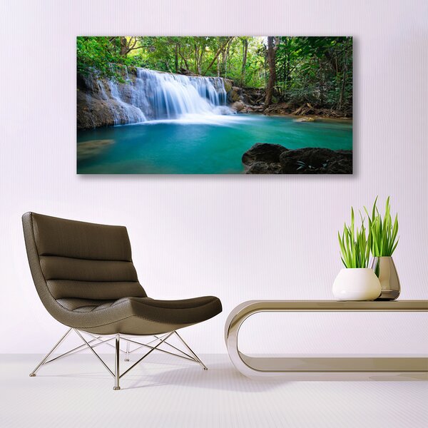 Tablou pe panza canvas Cascada Lake Forest Natura Albastru Maro Alb Verde