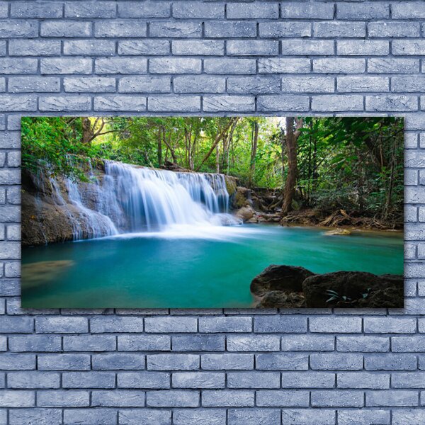 Tablou pe panza canvas Cascada Lake Forest Natura Albastru Maro Alb Verde