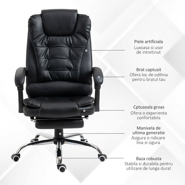 HOMCOM Scaun Birou din Piele Artificială Neagră Înălțime Reglabilă Spătar Rabatabil 64.5x69x127cm | Aosom Romania