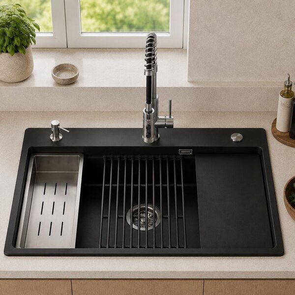 Ruvetti Absol 80 chiuvetă din granit cu inserție de scurgere 76x50 cm negru 3001AB_BC80_W