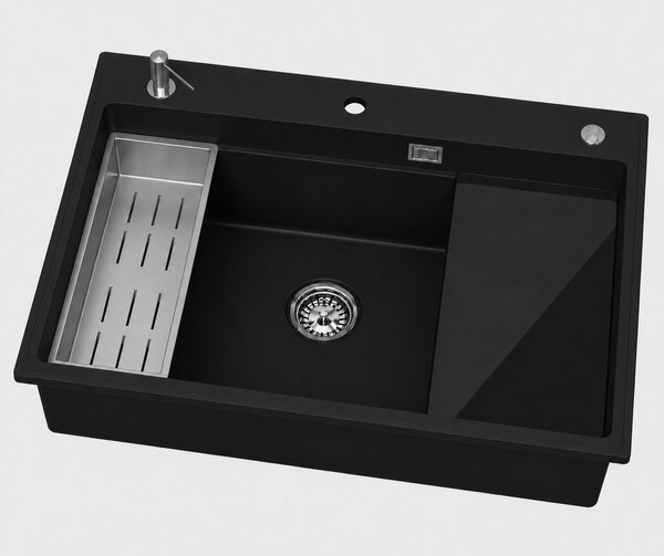 Ruvetti Absol 80 chiuvetă din granit cu inserție de scurgere 76x50 cm negru 3001AB_BC80_W