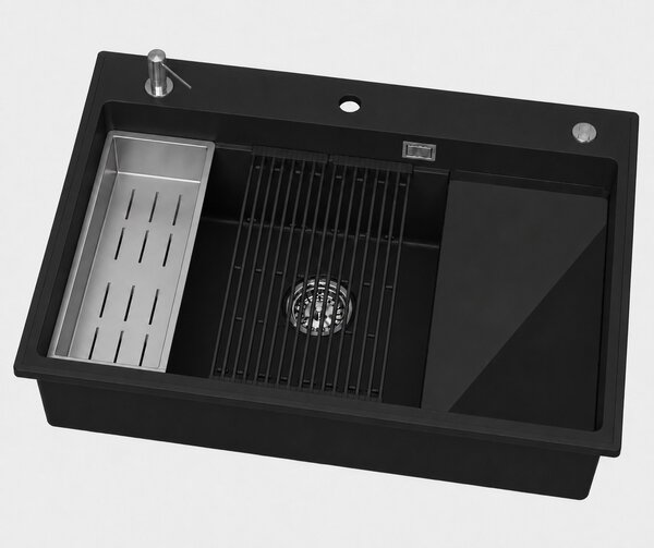 Ruvetti Absol 80 chiuvetă din granit cu inserție de scurgere 76x50 cm negru 3001AB_BC80_W