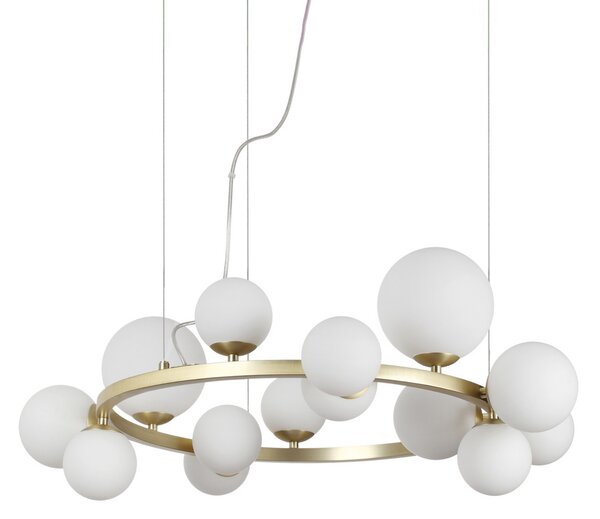 IDEAL LUX Lampă suspendată Perlage, alamă/alb, 14 brațe, Ø 85 cm, Auriu / Alamă, Camera de zi / sufragerie, Metal