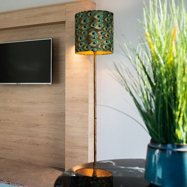 Lampă de podea vintage aurie cu abajur cu model de păun 40 cm - Simplo