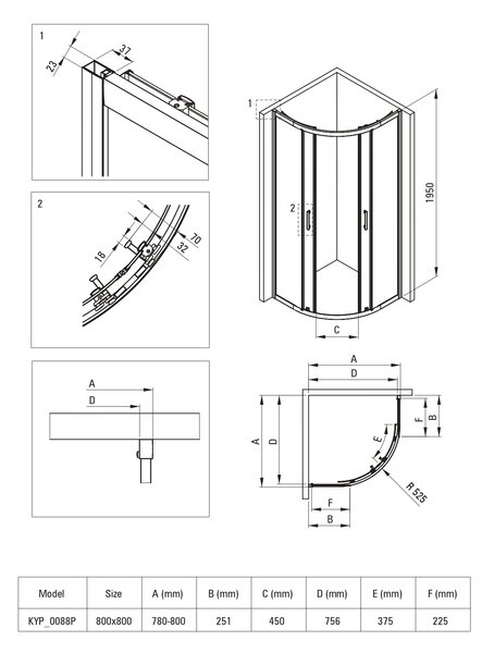 Deante Funkia Evo cabină cu cădiță 80x80 cm semicircular crom luciu/sticlă cu model KYPP0E88P