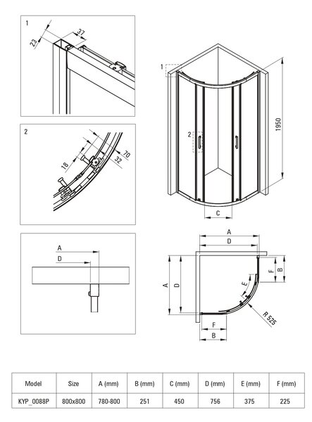Deante Funkia Evo cabină cu cădiță 80x80 cm semicircular crom luciu/sticlă cu model KYPP0E88P