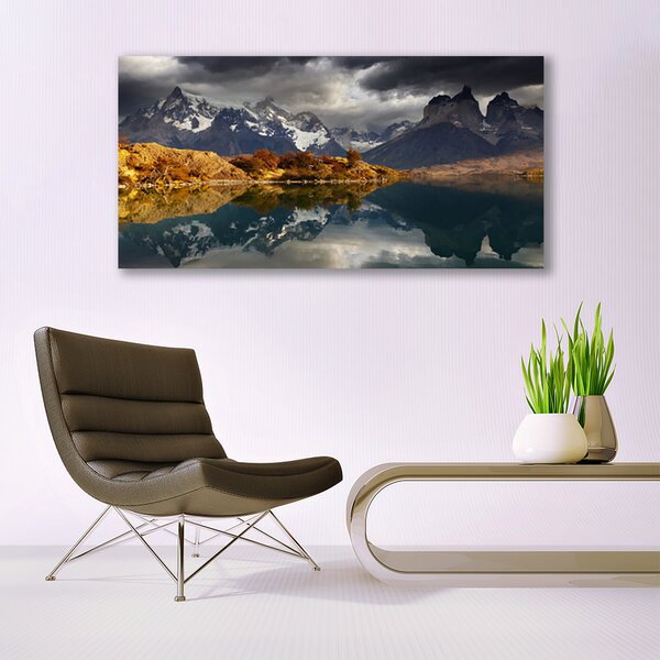 Tablou pe panza canvas Mountain Lake Peisaj Gri Galben Alb