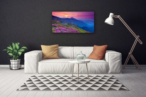 Tablou pe panza canvas Muntii Meadow Flori Peisaj Albastru Roz Verde Galben