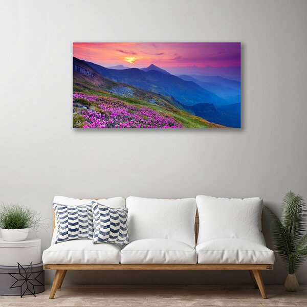 Tablou pe panza canvas Muntii Meadow Flori Peisaj Albastru Roz Verde Galben