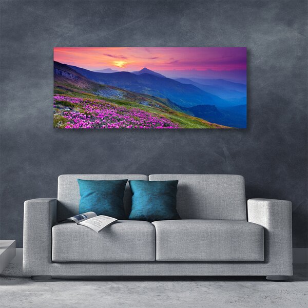 Tablou pe panza canvas Muntii Meadow Flori Peisaj Albastru Roz Verde Galben