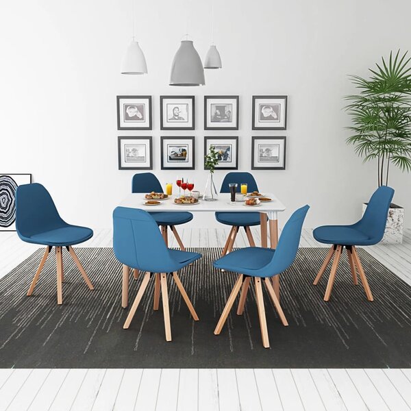 Set de masă cu scaune, 7 piese, alb și albastru