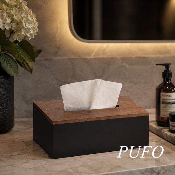 Cutie decorativa Pufo Blacky din lemn pentru servetele, 25 x 14 cm, negru/maro