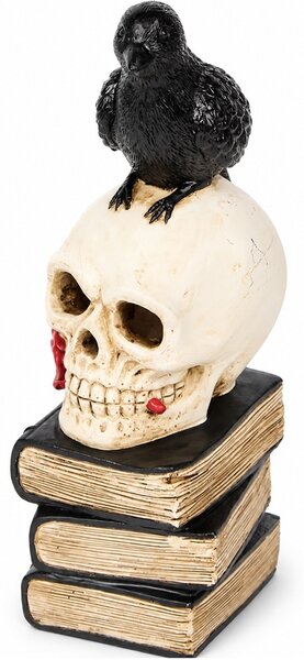 Statueta decorativa infricosatoare Craniul Pazitor al Cartilor, cu corb negru, decor gotic de Halloween, 30 cm