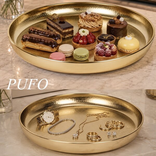 Tava metalica eleganta Pufo Golden Vintage pentru servire desert, prajituri, aperitive, 34 cm