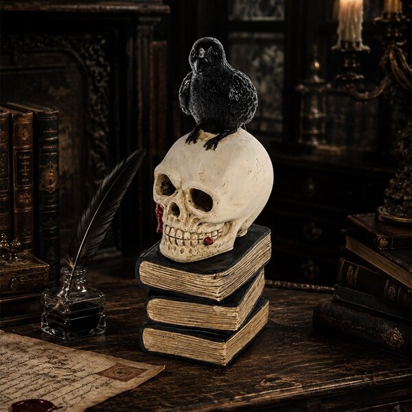 Statueta decorativa infricosatoare Craniul Pazitor al Cartilor, cu corb negru, decor gotic de Halloween, 30 cm