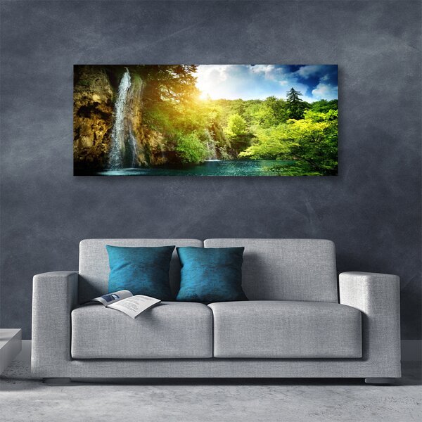 Tablou pe panza canvas Cascada Copaci Peisaj Albastru Alb Verde Maro