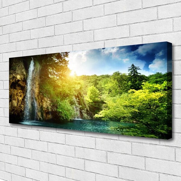 Tablou pe panza canvas Cascada Copaci Peisaj Albastru Alb Verde Maro