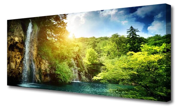 Tablou pe panza canvas Cascada Copaci Peisaj Albastru Alb Verde Maro