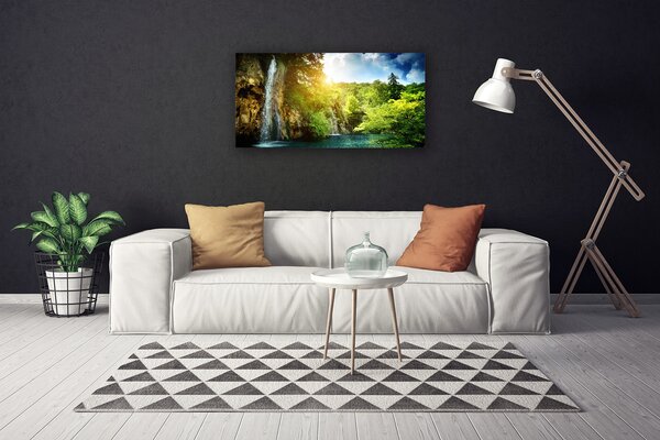 Tablou pe panza canvas Cascada Copaci Peisaj Albastru Alb Verde Maro