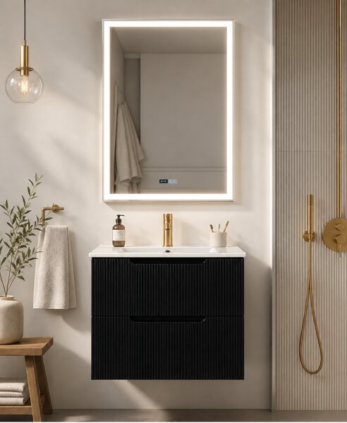 Set Mobilier Baie Suspendat 60 cm Riflat – Nero (Negru) SET MOBILIER CU OGLINDA LED FARA DEZABURIRE