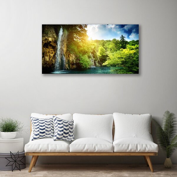 Tablou pe panza canvas Cascada Copaci Peisaj Albastru Alb Verde Maro