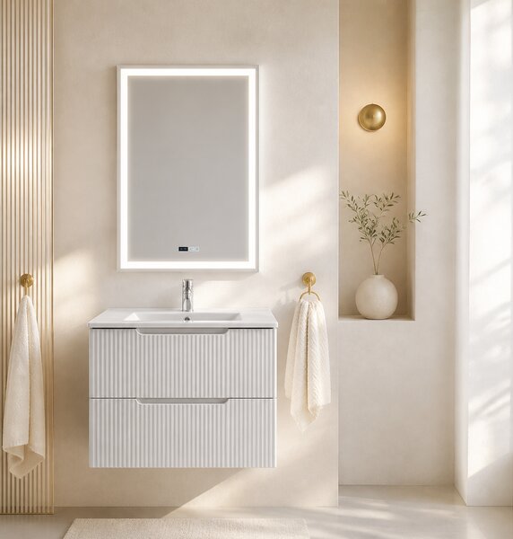 Set Mobilier Baie Suspendat 60 cm Riflat – Bianco (Alb) SET MOBILIER CU OGLINDA LED FARA DEZABURIRE