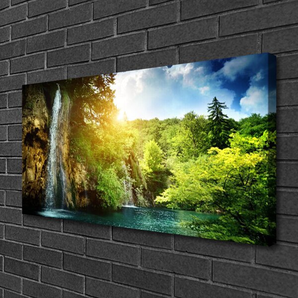 Tablou pe panza canvas Cascada Copaci Peisaj Albastru Alb Verde Maro