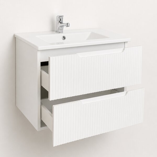 Set Mobilier Baie Suspendat 60 cm Riflat – Bianco (Alb) SET MOBILIER CU OGLINDA LED FARA DEZABURIRE