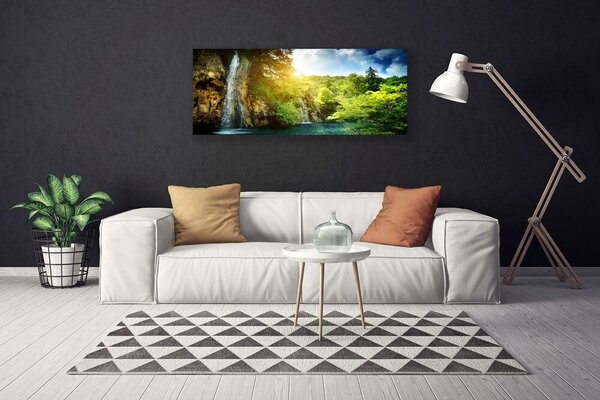 Tablou pe panza canvas Cascada Copaci Peisaj Albastru Alb Verde Maro