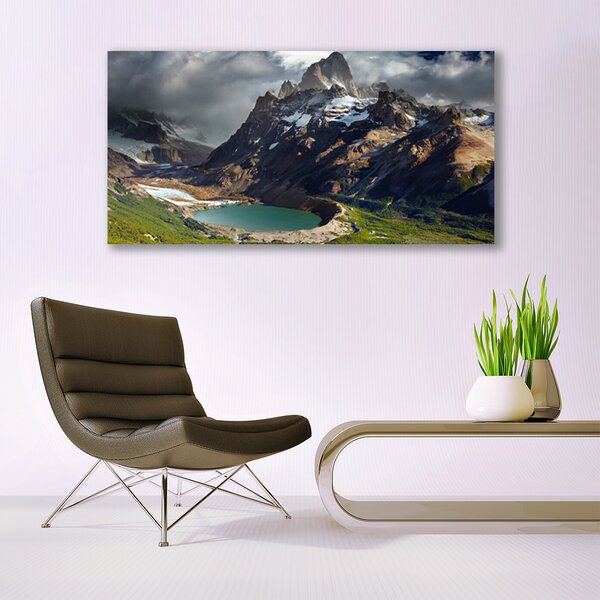 Tablou pe sticla Mountain Bay Peisaj Brun Verde Gri
