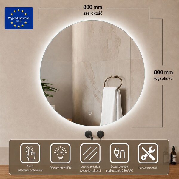 Venti Koło Led oglindă 80x80 cm rotund cu iluminare argint 5907459662283