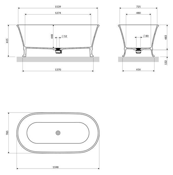 Cada freestanding, Omnires CLASSICA M+, 160 x 79 cm, alb lucios