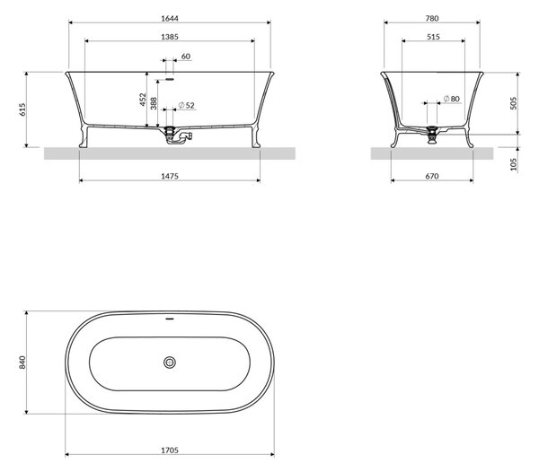 Cada freestanding, Omnires CLASSICA M+,170 x 84 cm, alb mat