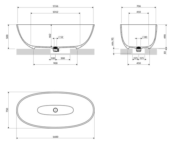Cada freestanding, Omnires SHELL M+, 160 x 75 cm, gri cenușă mat