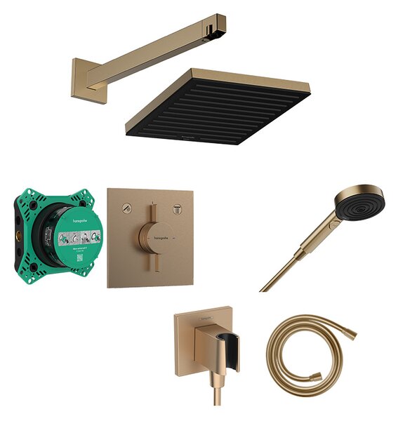 Set de duș, Hansgrohe, cu baterie DuoTurn E, iBox 2, pălărie Pulsify E 260 și pară de duș, cot racord și furtun, bronz periat