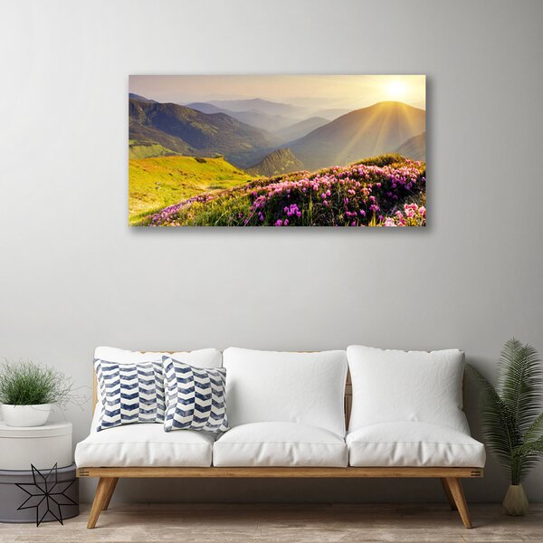 Tablou pe panza canvas Mountain Meadow Peisaj Verde Roz Gri