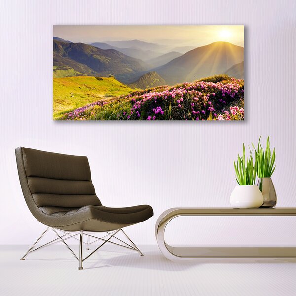 Tablou pe panza canvas Mountain Meadow Peisaj Verde Roz Gri