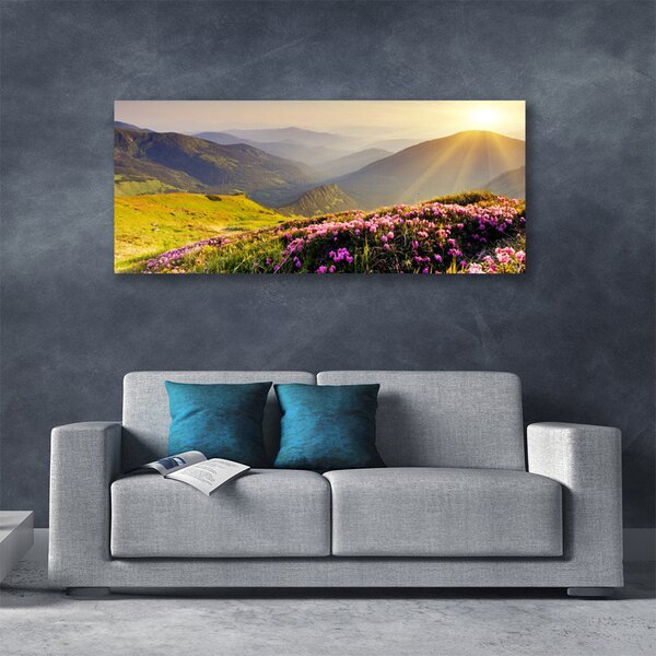Tablou pe panza canvas Mountain Meadow Peisaj Verde Roz Gri
