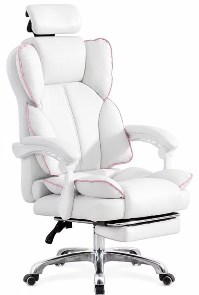 Silla gaming con inclinación de hasta 120°, reposacabezas ajustable: dimensiones 650 mm × 520 mm × 1220–1320 mm, color blanco