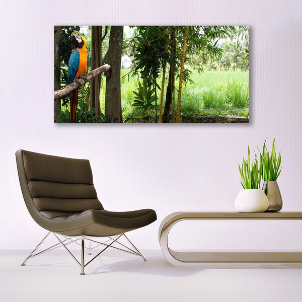 Tablou pe sticla Parrot Copaci Natura Albastru Galben Maro Verde