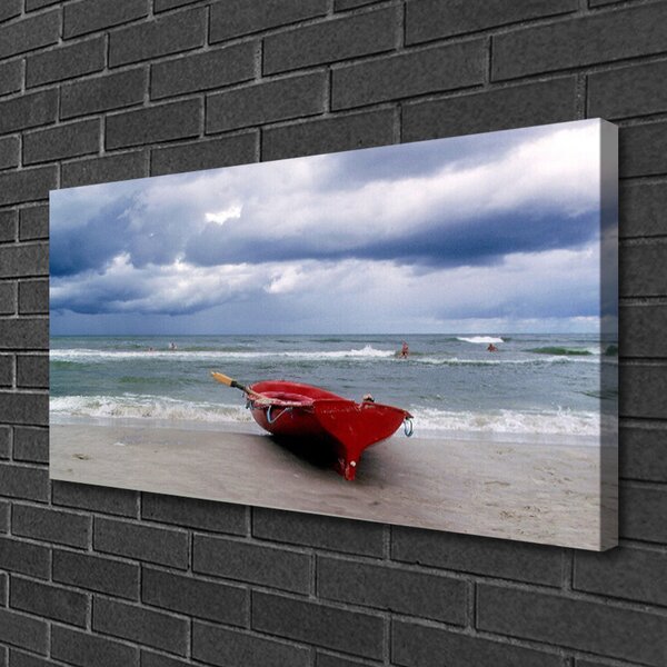 Tablou pe panza canvas Barca Sea Beach Peisaj Roșu Gri Albastru