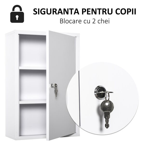 Kleankin Dulap Medicamente Oțel 3 Niveluri 2 Chei Suport Perete 40x18x60cm Alb | Aosom Romania