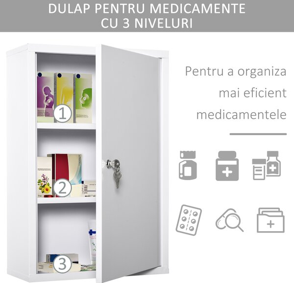 Kleankin Dulap Medicamente Oțel 3 Niveluri 2 Chei Suport Perete 40x18x60cm Alb | Aosom Romania