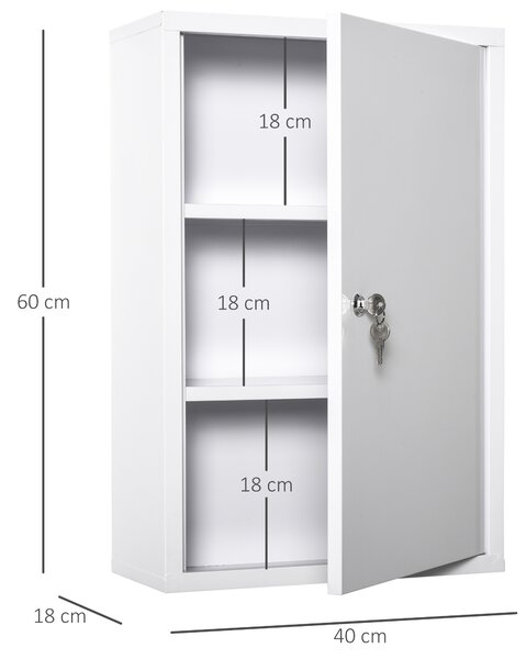 Kleankin Dulap Medicamente Oțel 3 Niveluri 2 Chei Suport Perete 40x18x60cm Alb | Aosom Romania